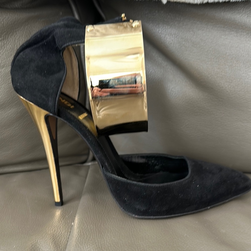 Fendi Black and Gold Heels with Metallic Ankle Cuff and High Stiletto